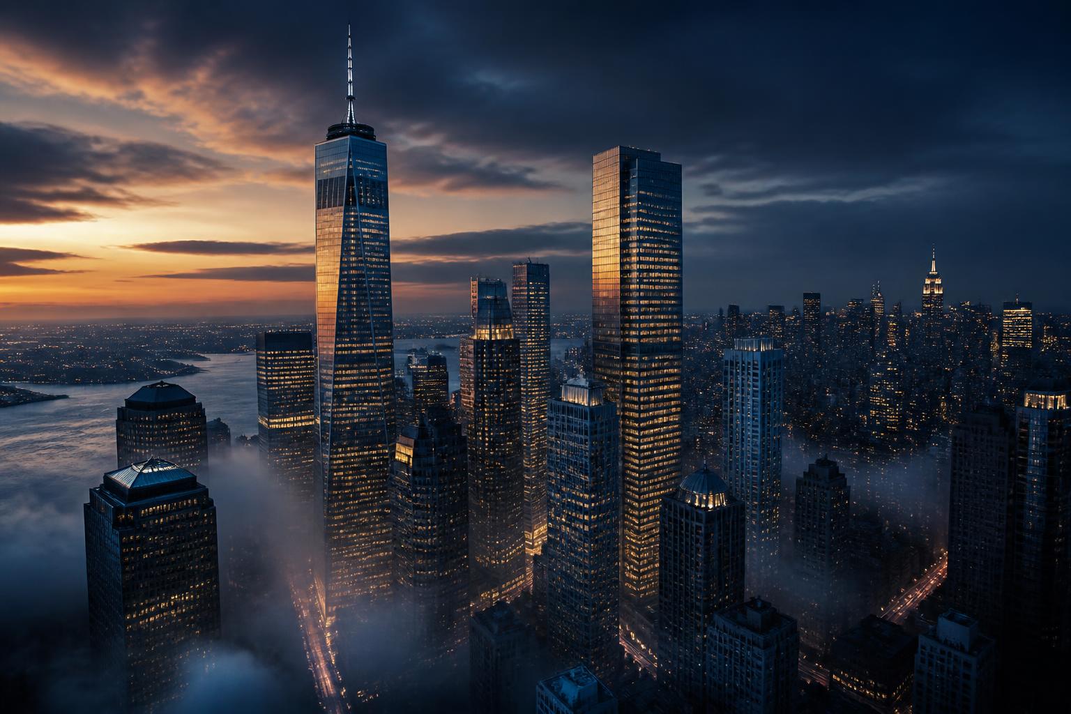 Financial district skyline at dusk